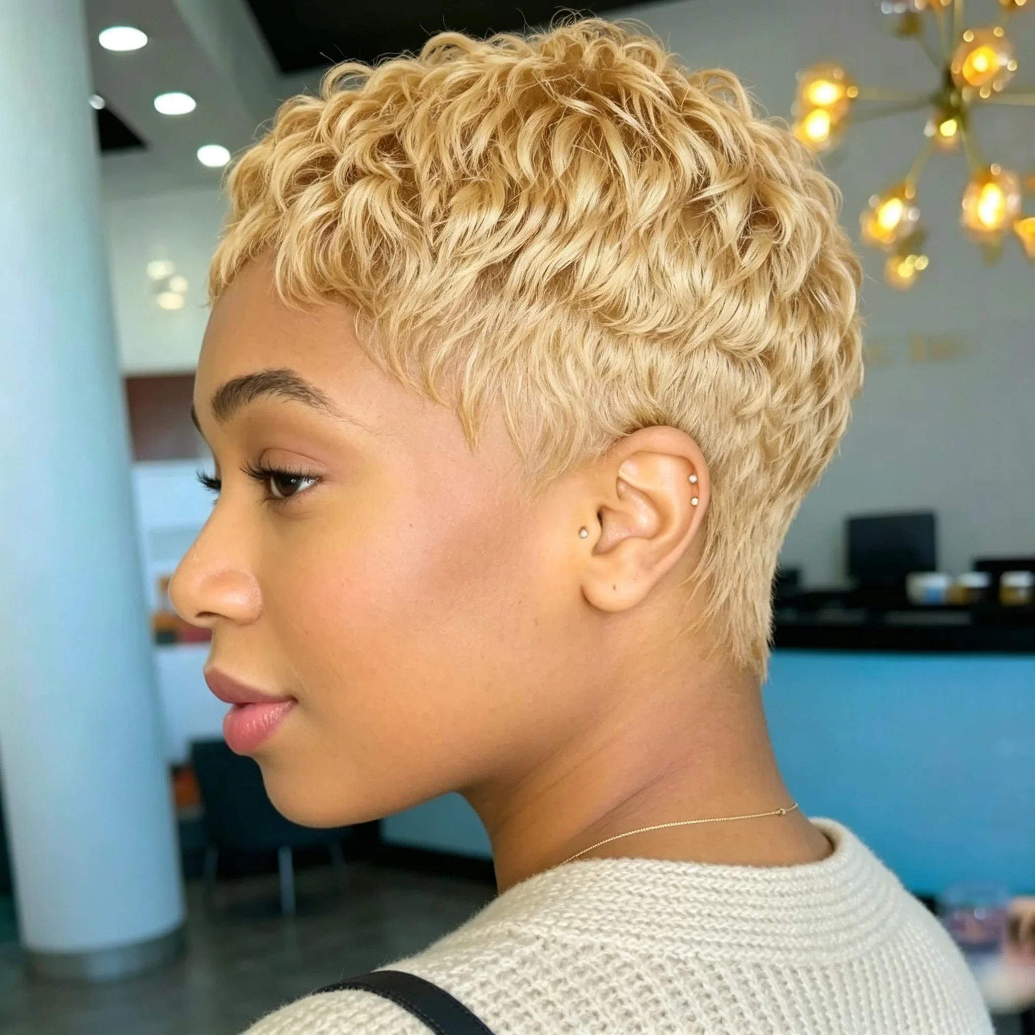 Honey Blonde 6 Inches Short Curly Pixie Human Hair Wig Full Machine Made Wig for Women