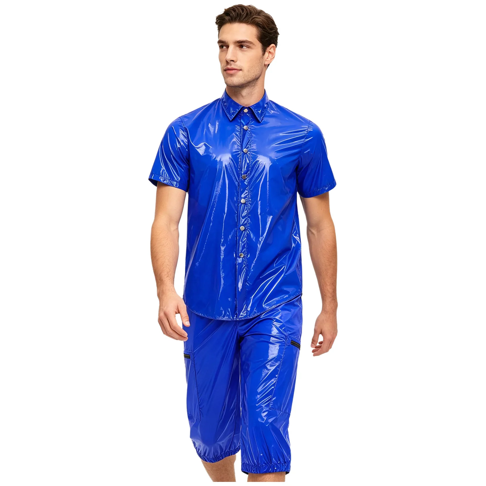 Conjunto Deportivo Impermeable para Hombre, Camiseta de Manga Corta con Botones Frontales y Pantalones Cortos Cargo Capri para Ropa de Playa, Parque Acuático, Fiesta en la Piscina