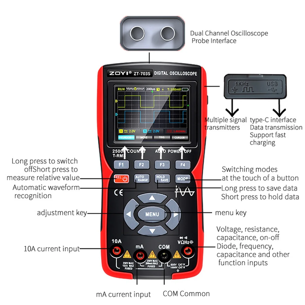 

BVBV ZOYI ZT703S 3in1 Digital Oscilloscope Multimeter 50MHz 280MS Rate PC Waveform Data Storage Dual Oscilloscope Generator A