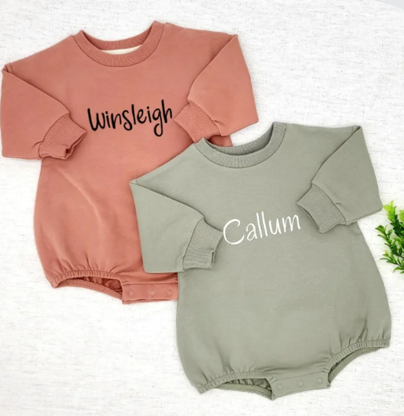 Embroidered Name Newborn Baby Girl Boy Solid Color Cotton Romper Infant Toddler Long Sleeve Jumpsuit Spring Hoodie Baby Clothes