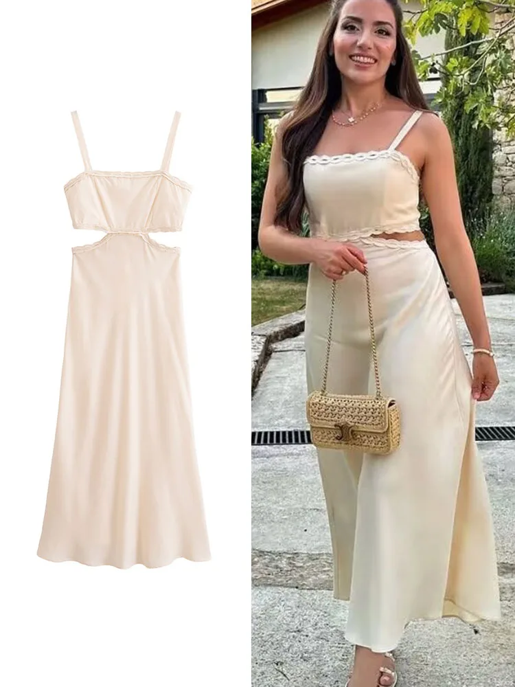 TRAF Sexy Summer Holiday Hollow Out Backless Sling Dress 2024 Lady Fashion Cut Out Loose Maxi Dresses Female Beachwear Vestidos