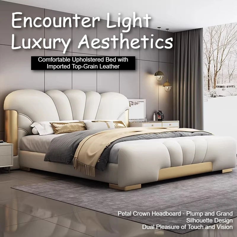 

Top-grain Leather Double Bed Soft Backrest Headboard King Size Bed 2 People Frame Nordic Design Hotel Adult Bedroom Furniture