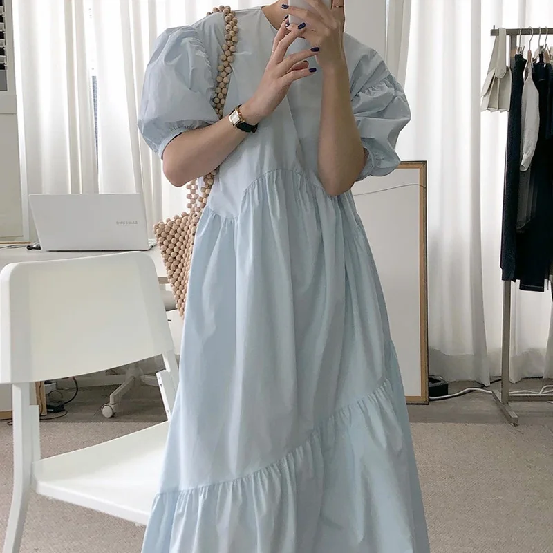 Vestido Longo Estilo Coreano com Design em Camadas E, Ajuste Confortável, Cor Pura, Gola Redonda, Manga Bufante Solta ...