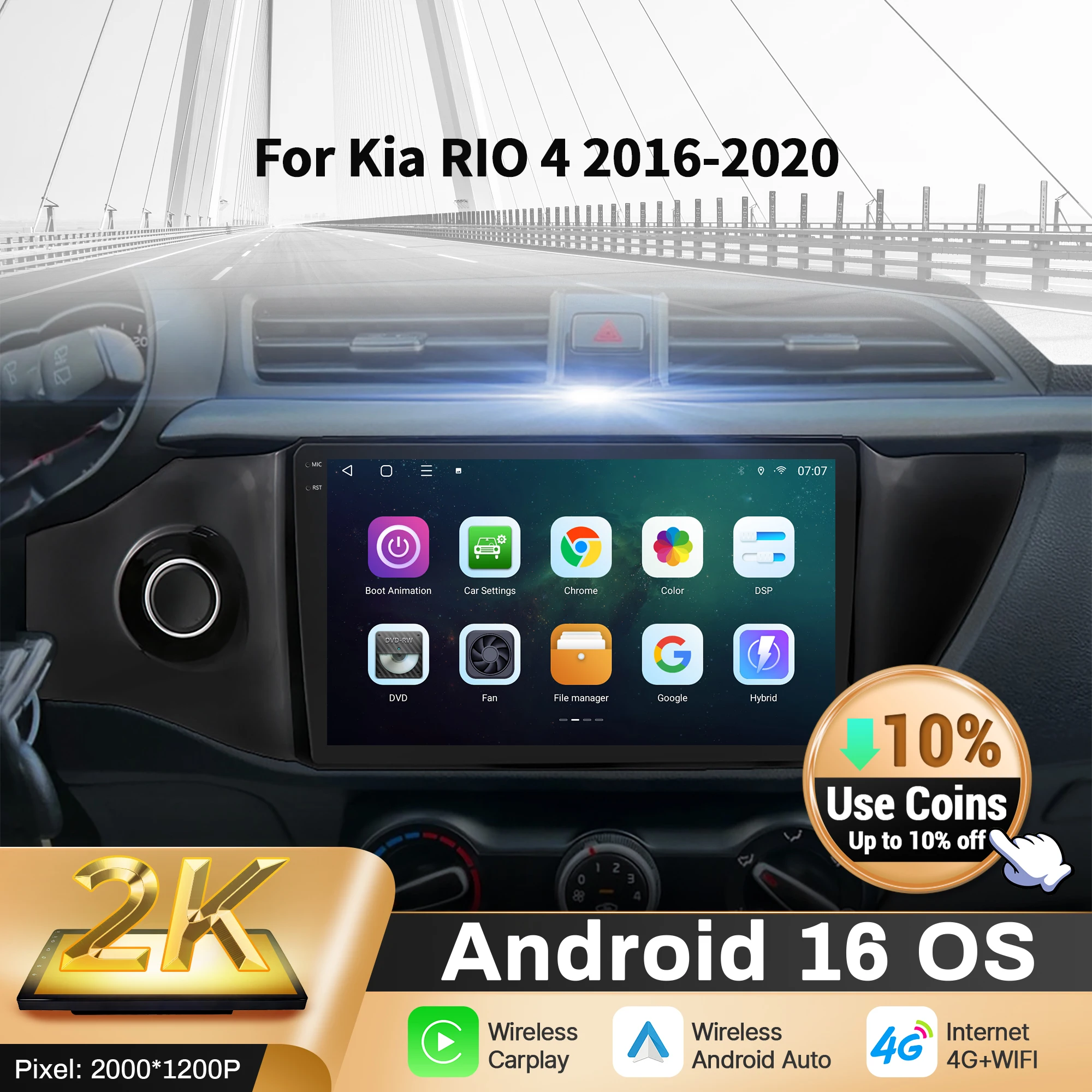 

9-дюймовый автомобильный радиоприемник для Kia RIO 4 2016-2020, Android 16, беспроводной BT Carplay, мультимедийная навигация, сенсорный экран 2K QLED