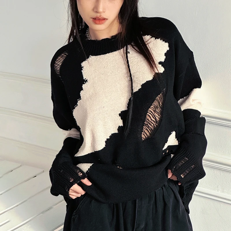 

Tie Dye Print Ripped Knit Sweaters Pin Long Sleeve Hollow Out Vintage Pullover Y2K Fairycore Grunge Women Knitwear Streetwear