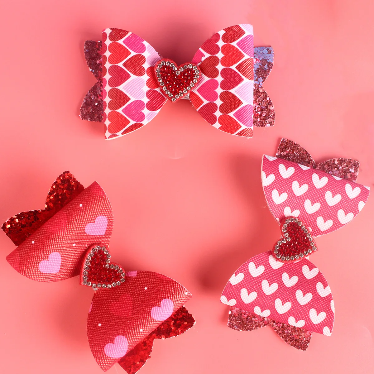 15pcs Glitter Love Heart Bow Hair Clips Bowknot Hairpins Fashion Valentine's Day Headwear Boutique Hair Accessories for Girls