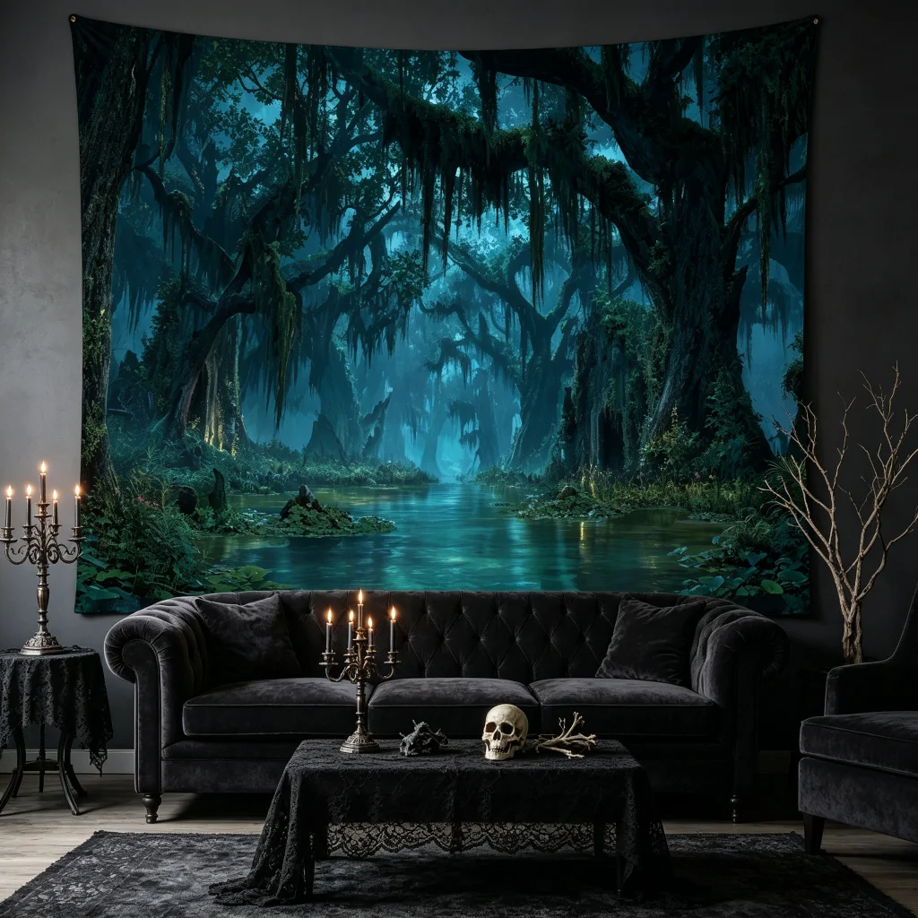 1PC Swamp Forest Dark Trees Halloween Print Backdrop Banner, Bedroom Photo Background, Polyester, Halloween Party Decoration