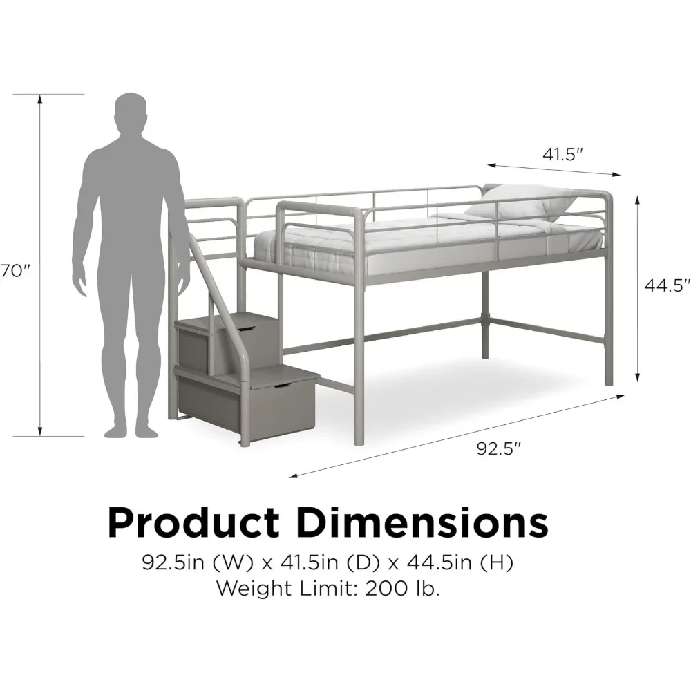 Twin Metal Loft Bed with Storage Steps, Multifunctional Space-Saving Solution - Silver with  Steps，Easy Assembly