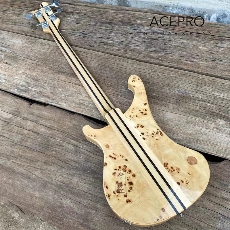 5-piece Neck Thru Body Electric Bass Guitar, Natural Color Burl Maple, Checkerboard Binding, Upgrade Adjustable Bridge Available