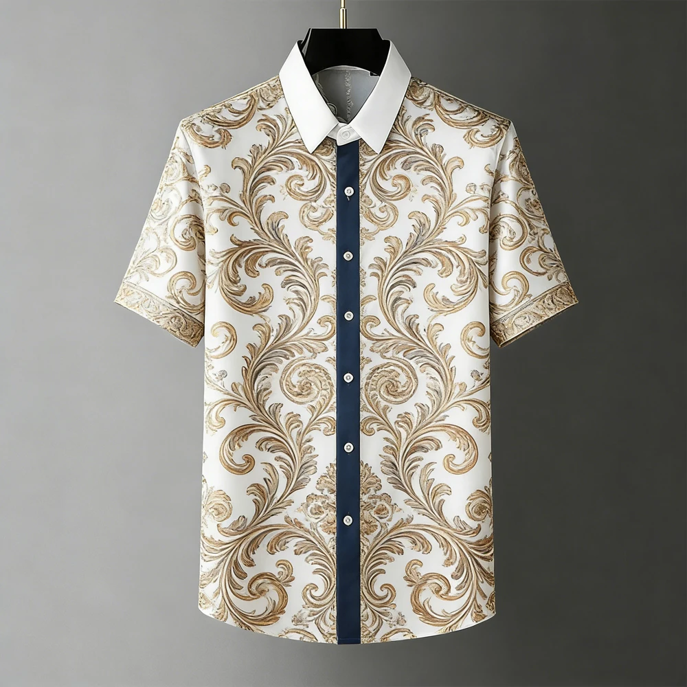 Men's summer new breathable soft short-sleeved shirt Baroque pattern 3D printed shirt men's formal casual business tops men