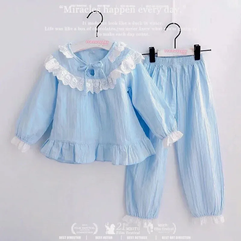 New Spring Autumn Girls Pajamas Set Sweet Princess Style Children Home Clothes Baby Girls Casual Pure Color Long-sleeved Pajamas