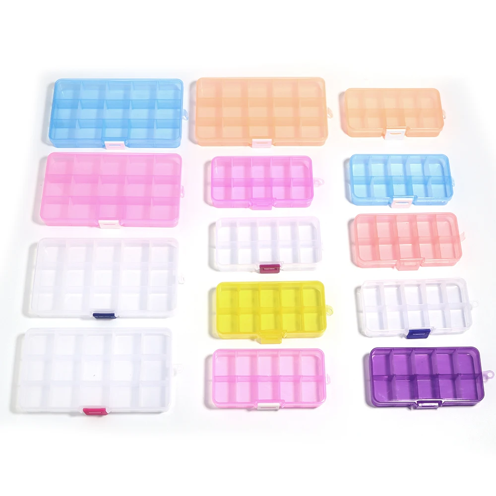 10/15Grids Rectangle Plastic Storage Box Color Storage Container for DIY Sewing Button Bead Rhinestone Manicure Accessories Case