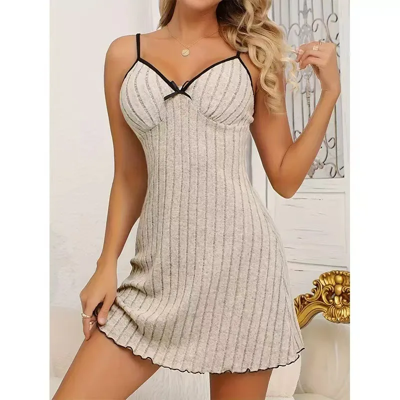 

New 2026 Women's Summer Fashion Knitted Stripe Dressy Nightgown Casual Comfortable Home Clothes V-neck Sleeveless Nightdress