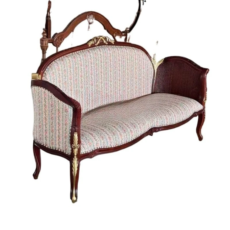 

American vintage solid wood sofa natural rattan chair solid wood sofa vintage gold-painted French court style villa
