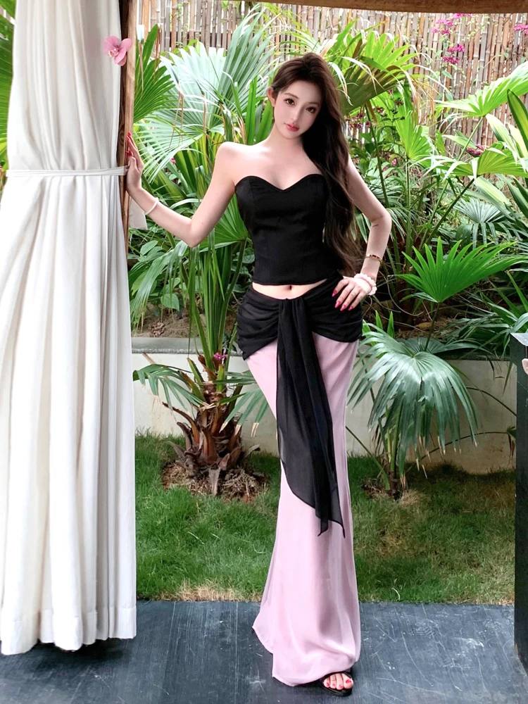 

Elegant Black One-Shoulder Sleeveless Wrap Bustier Tank Top And Skirt Set Color Block High Waist Fish Tail Half Skirt Ensemble