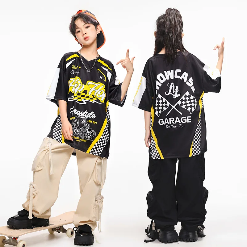 

Kid Hip Hop Clothing Black Print V Neck T Shirt Beige Black Casual Multi Pockets Cargo Pants for Girl Boy Dance Costumes Clothes