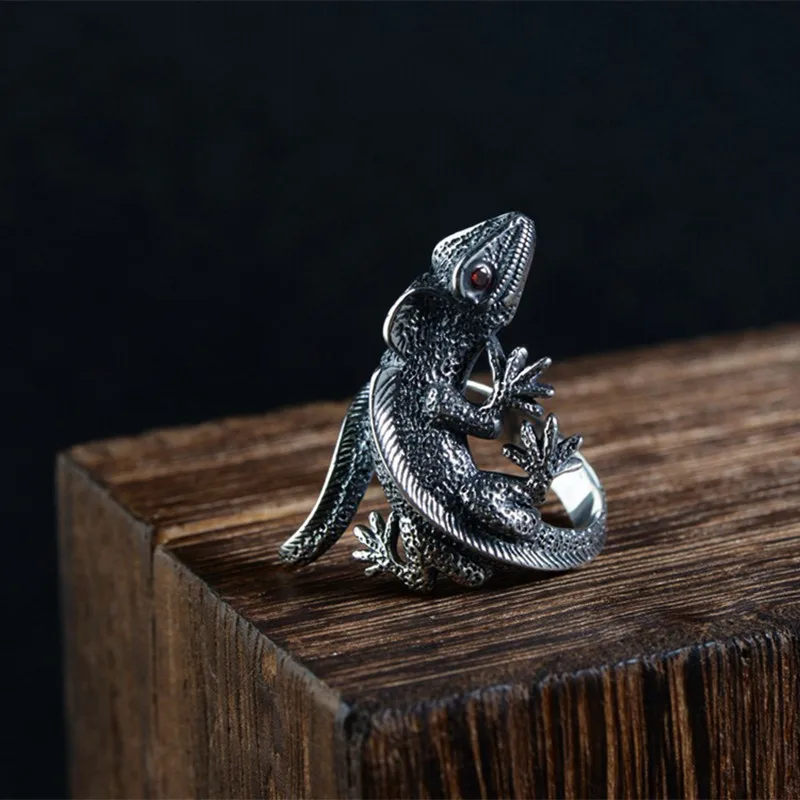 Buyee 925 Sterling Silver Big Ring Finger Cute Lizard Open Ring for Man Girl Fashion Personality Animal Punk Fine Jewelry Circle