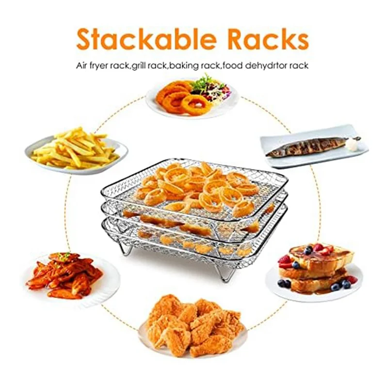 Stainless Steel Air Fryer Rack with Clip, Square Stackable Baking Basket Multi-Layer Dehydrator Rack Air Fryer Parts