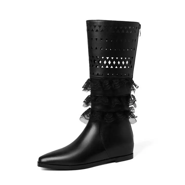 New Women's Shoes Genuine Leather Mid Calf Boots Pointed Toe Flats Hollow Out Lace Ruffle Trim Side Zipper Elegant Summer Boots