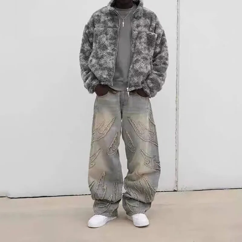 الخريف الكورية الرجعية الرجال الجينز مع الخفافيش نمط التطريز فضفاض الجينز الشارع موضة عادية مستقيم الساق السراويل #4