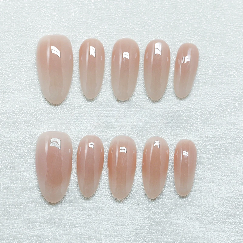 Unhas falsas acrílicas feitas à mão, simples, nude, gradiente, com design coreano, conjunto de unhas falsas, prensa nas unhas com caixa e ferramentas