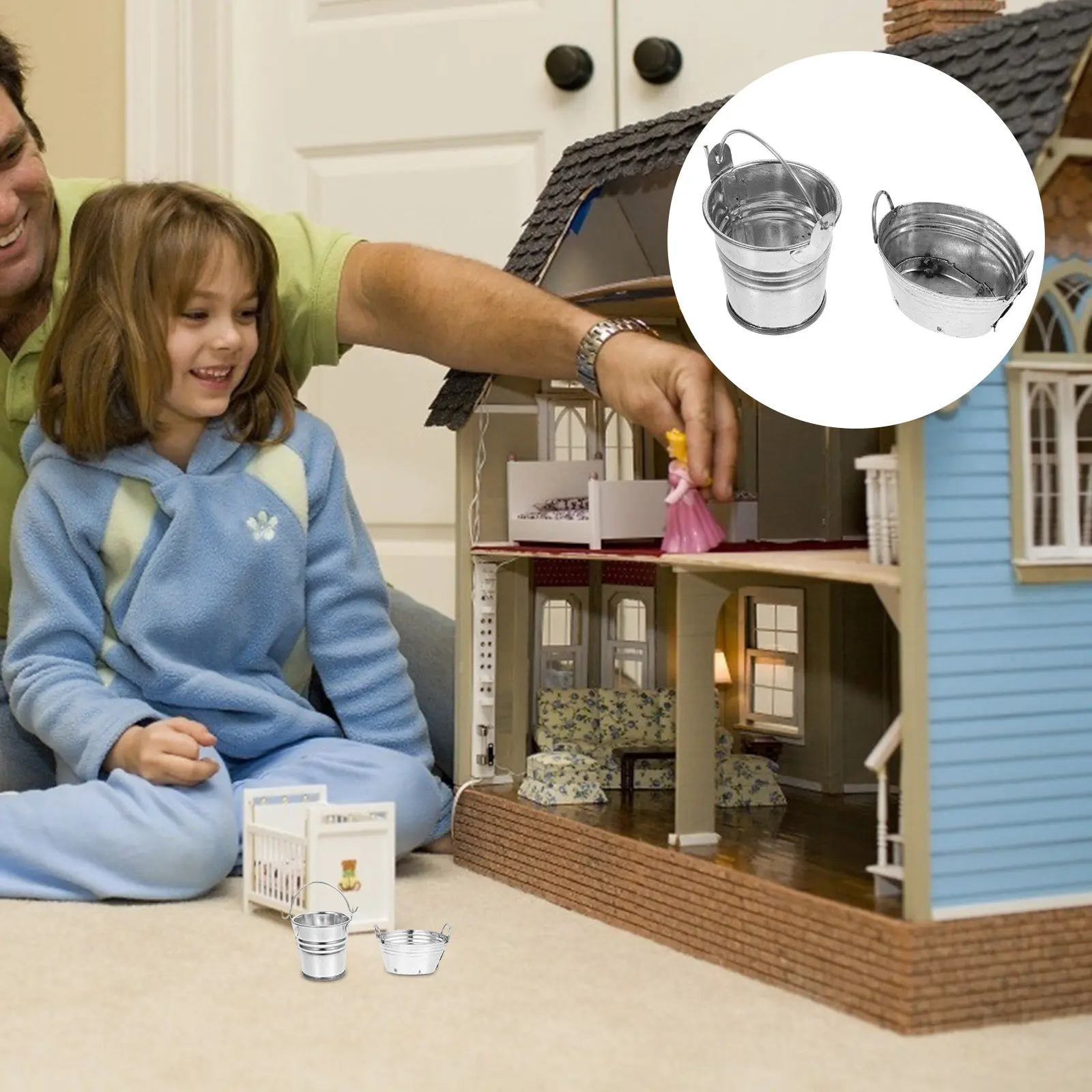 

2Pcs Mini Metal Bucket for Dollhouse Tiny House Decor Kids Play Set Early Learning Activity Craft Fine Workmanship Simulated