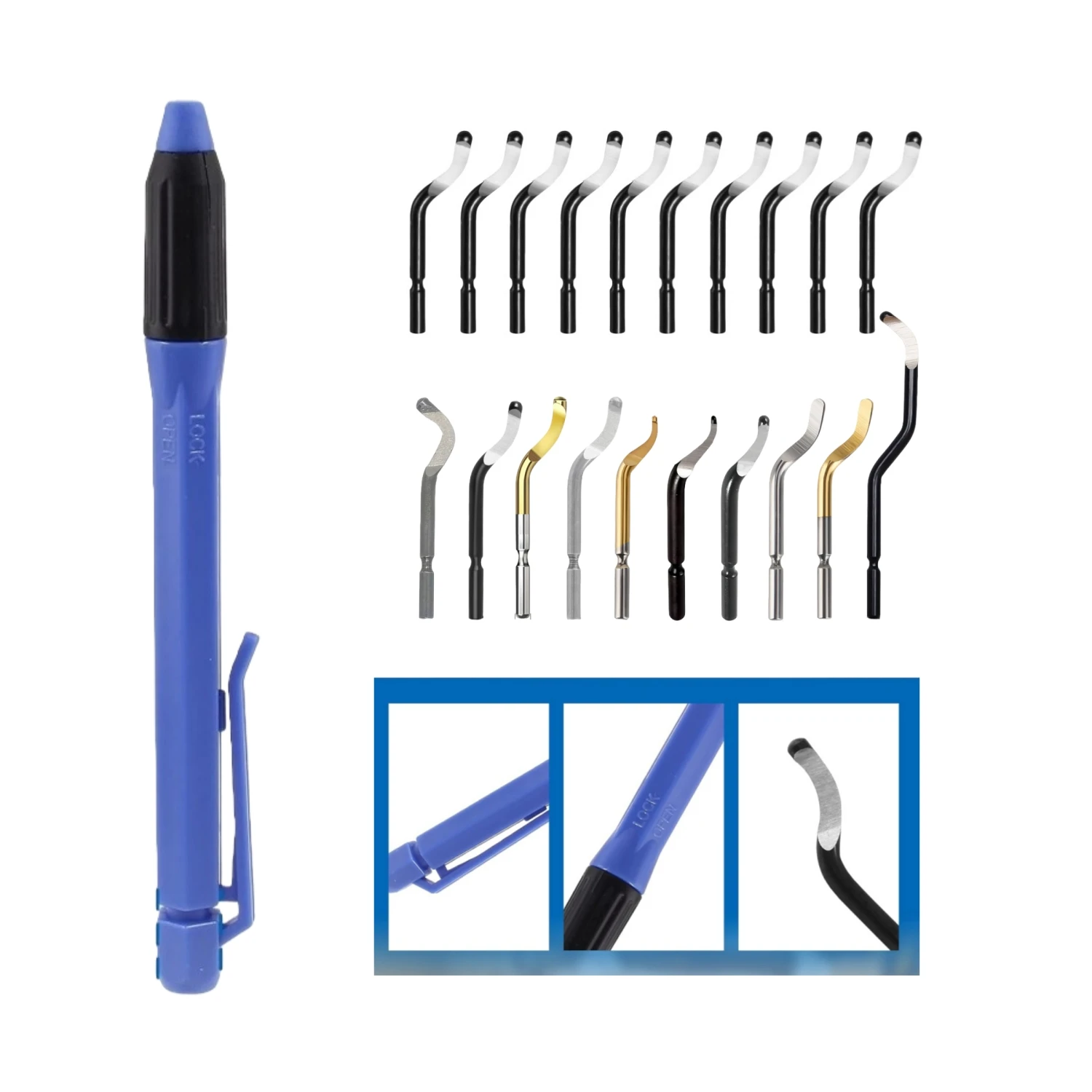 

Набор инструментов для снятия заусенцев EO2000 с 20 сменными лезвиями из быстрорежущей стали для удаления заусенцев с металла, смолы, ПВХ, меди, пластика, 3D-печати