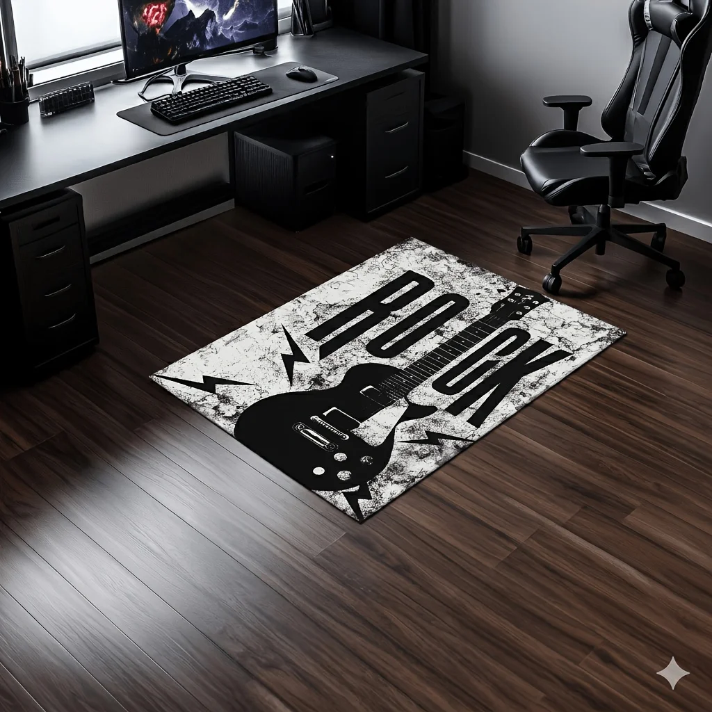 Rock Guitar Flannel Rug Black White Music Band Instrument Area Carpet Soft Non-slip Floor Mat for Living Room Bedroom Decor