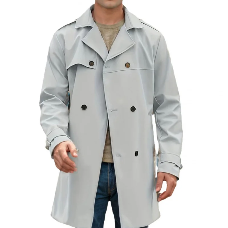 Lente en herfst nieuwe pure kleur trenchcoat met lange mouwen heren revers slanke casual jas met dubbele rij knopen