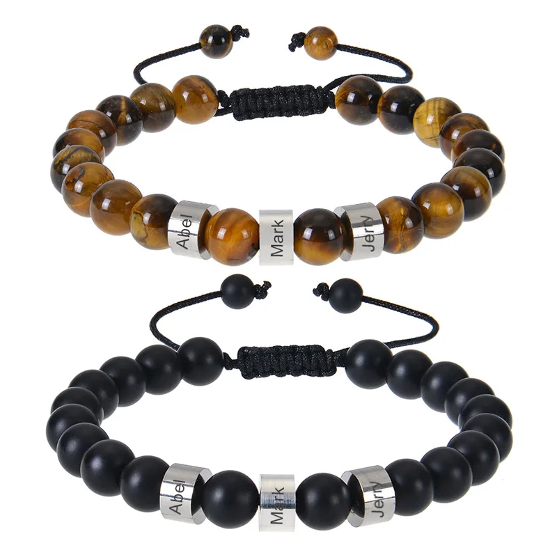 Personalized Stainless Steel Beaded Name Engravd  Adjustable Custom Tiger Eye Stone Bracelets for Men Boyfriend Father Gift