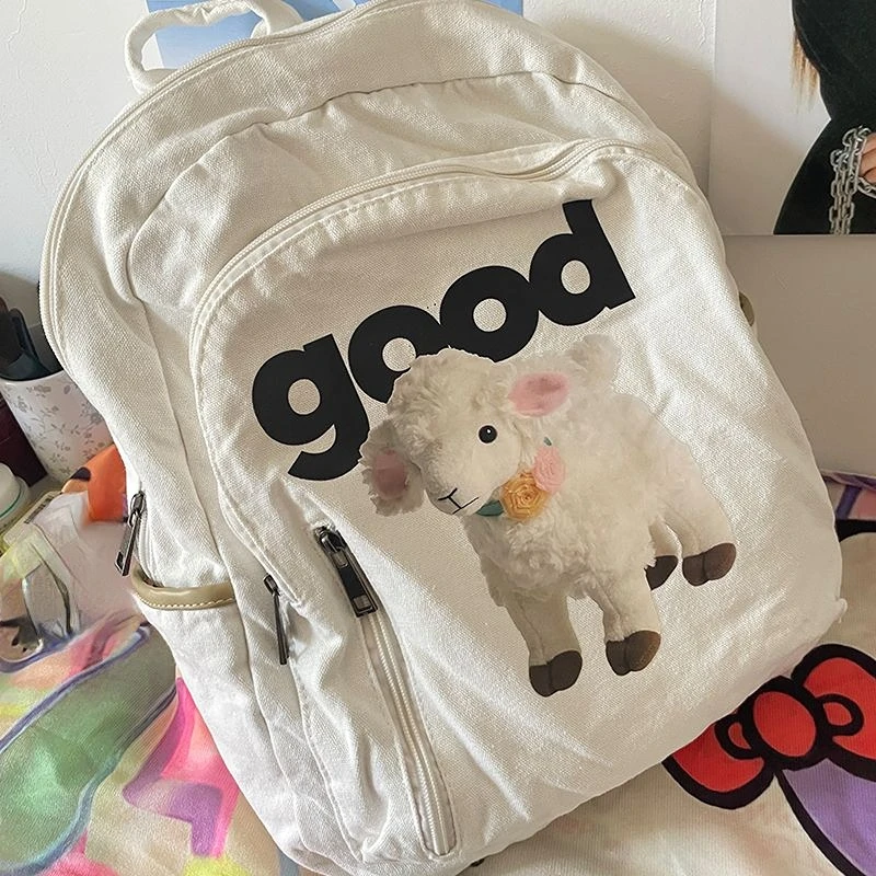 Cartoon Cute Sheep Print Schoolbags Japanese Anime Preppy Kawaii Girls Backpack Y2k Aesthetic Harajuku High-capacity Canvas Bags