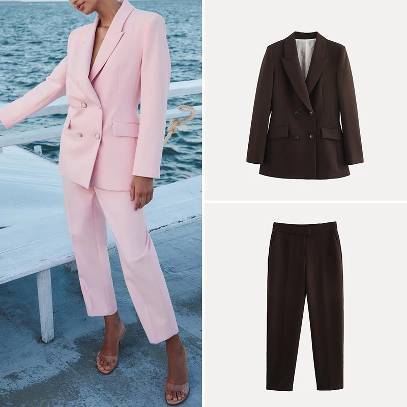 

Весенний женский костюм 2025: двубортный пиджак и повседневные брюки, модный комплект из полиэстера, всесезонная рабочая одежда для взрослых