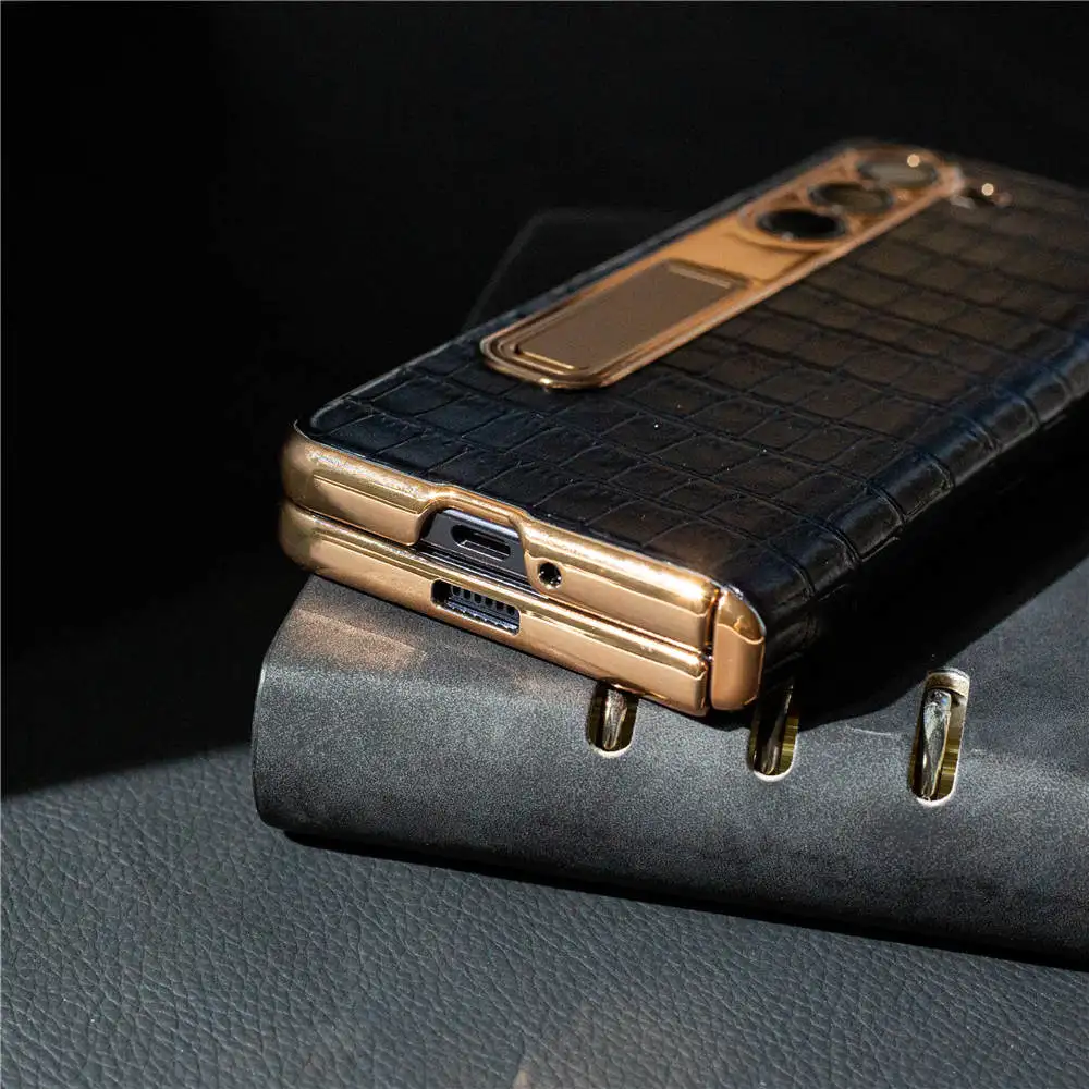 Funda de cuero de vaca genuino para Samsung Galaxy Z Fold5, cubierta de bisagra con soporte de película de vidrio