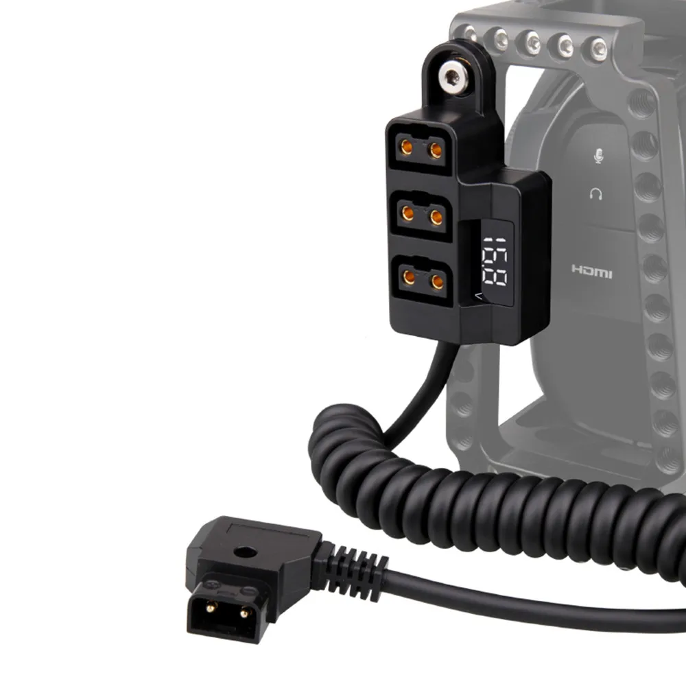 Male D-Tap Power Tap to 3 Female P-Tap Hub Extension Adapter Spring Cable with Screen for V-mount Battery & Devices
