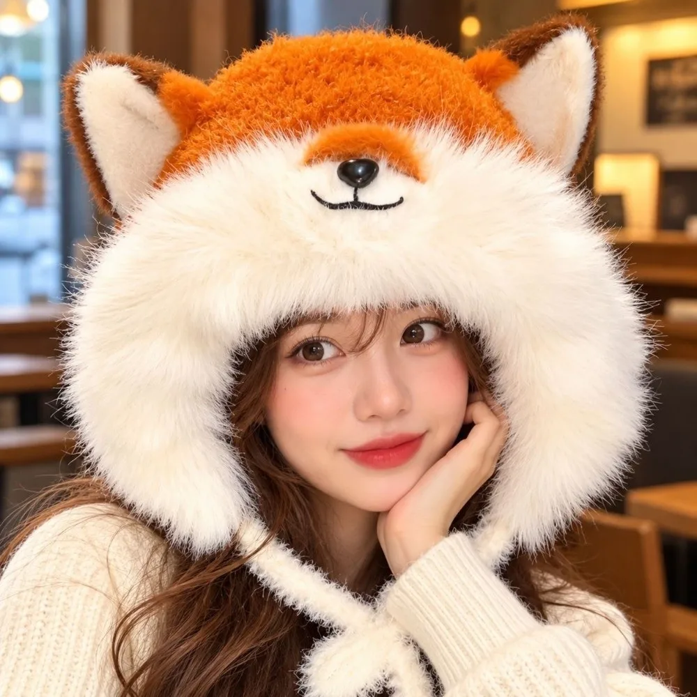New Thick Fleece Cat Ear Trapper Hat Warm Windproof Plush Hat Blush Cute Animal Hat Winter