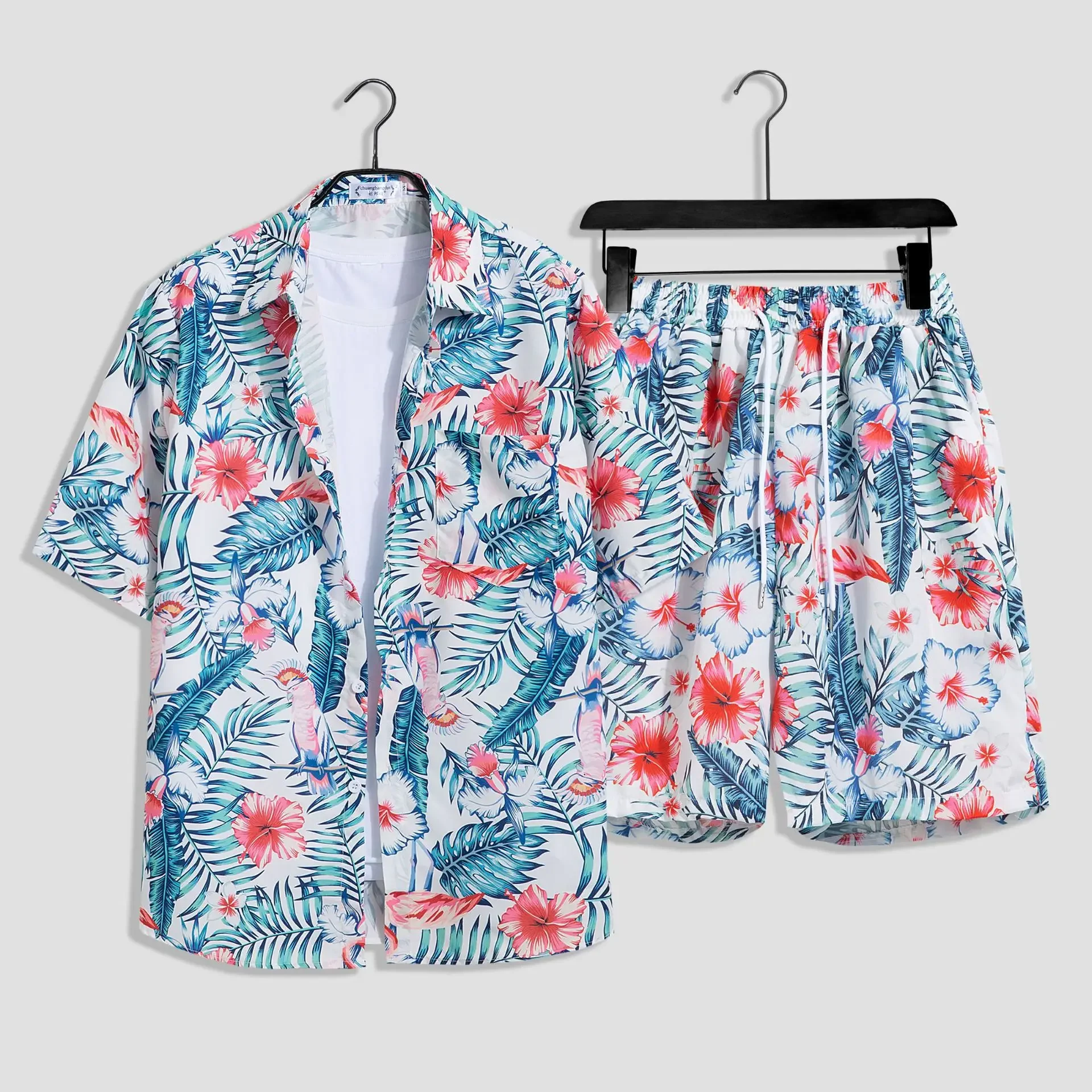 Summer Hawaii Seaside Beach Vacation Suit Men's Loose Large Size Couple Trendy Short-sleeved Floral Shirt Casual Two-piece Set