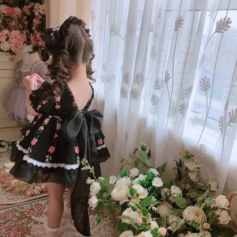 Spanish Girls Summer Embroidered Dark Backless Bow Dress Short Sleeve Bubble Dress Dress Retro Court Fashion Dress