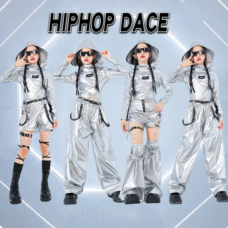 

Одежда в стиле хип-хоп для девочек, серебряные укороченные толстовки, блестящие брюки-карго, шорты для уличных танцев для детей, уличная одежда, джазовая одежда