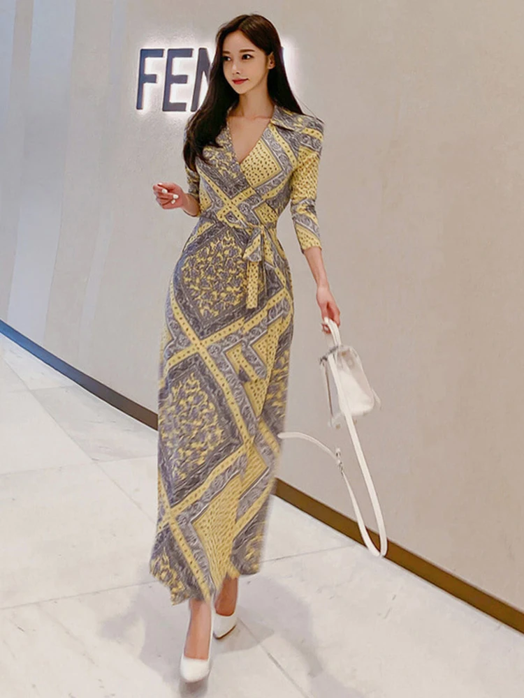 Moda elegante feminina maxi vestido vintage casual sexy com decote em v impressão envoltório festa praia magro vestido de verão senhora robe femme mujer vestidos