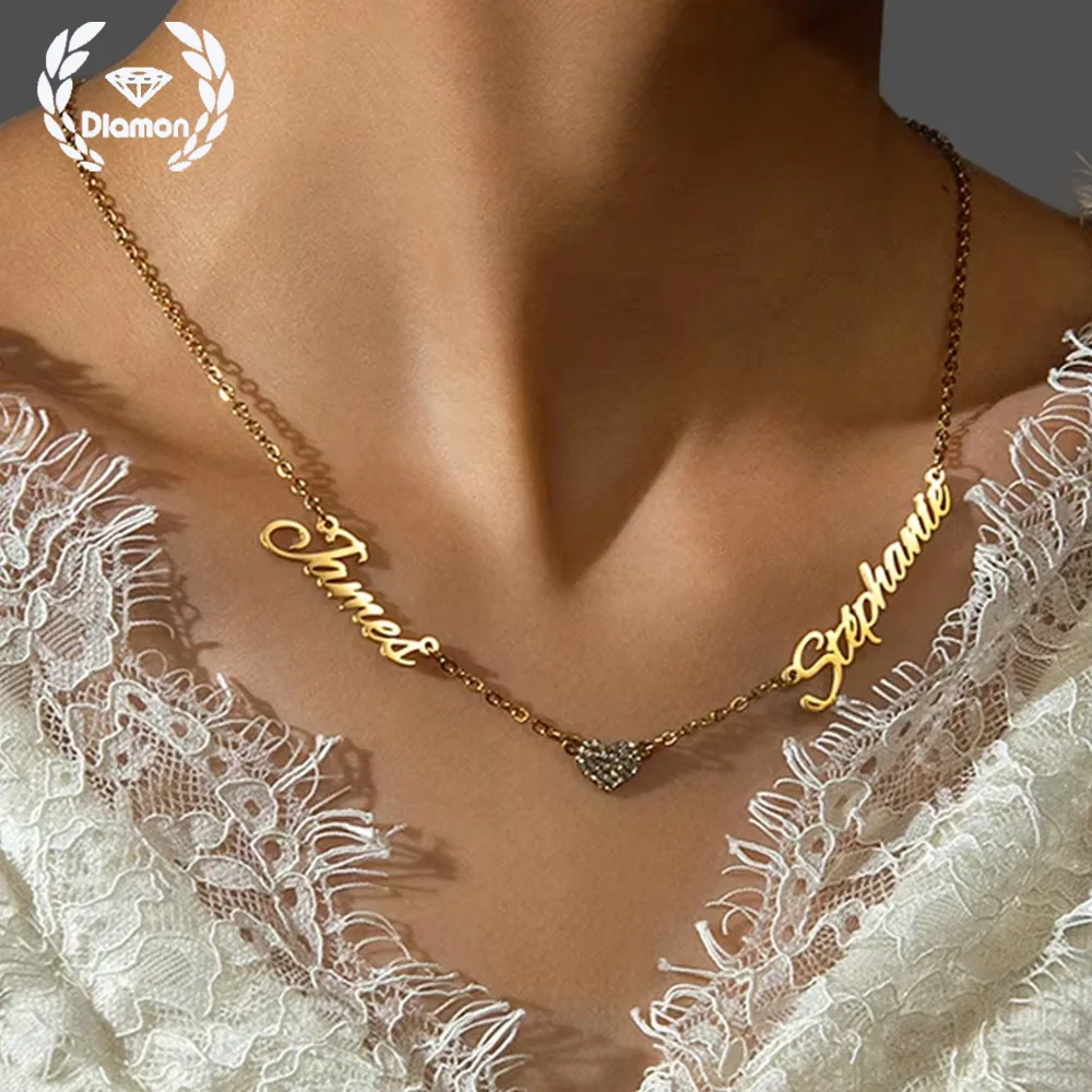 Diamon Personalized Custom Name with Sparkly Zircon Heart Pendant Necklace Stainless Steel for Women Girls Jewelry Festival Gift