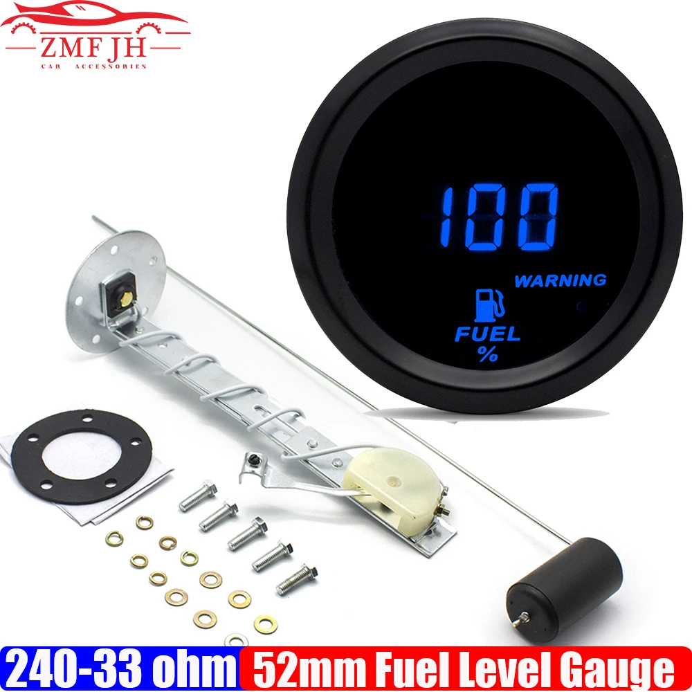 Edelstahl-Kraftstoffstandsensor, 240–33 Ohm, digital, 2 Zoll, 52 mm, Kraftstoffstandsanzeige mit roter/blauer LED für Benzinautos, 12 V