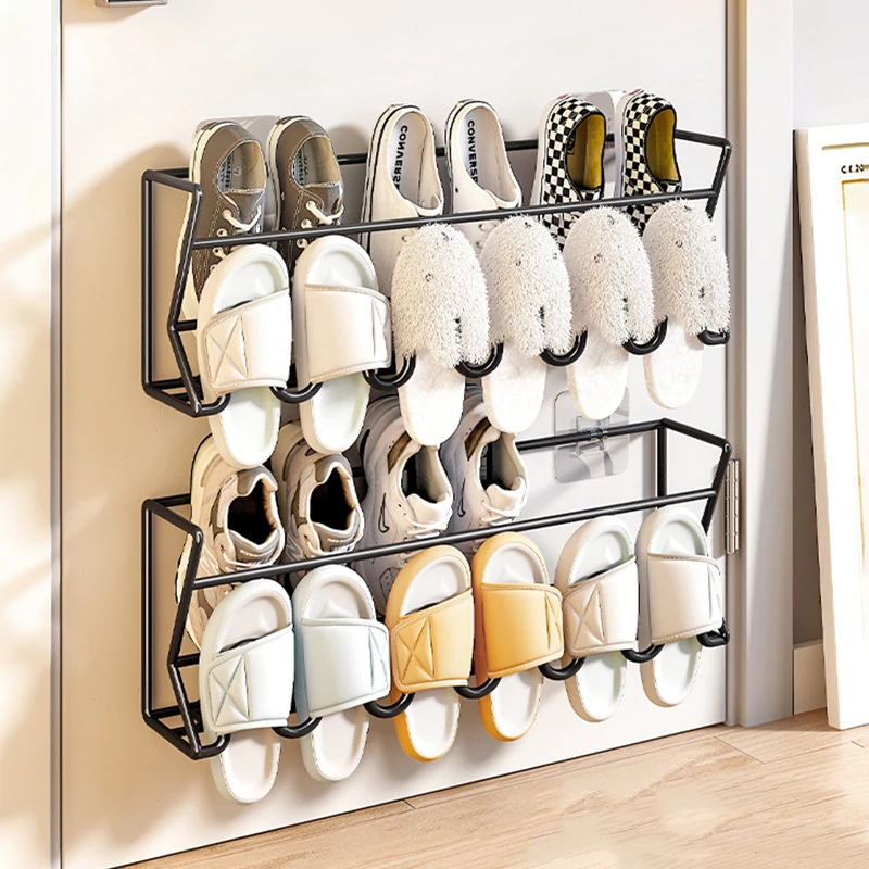 Home Door Shoe Rack Simple Door Indoor Slipper Rack Bathroom Perforation-Free Wall-Mounted Shoe Sundries Organizer