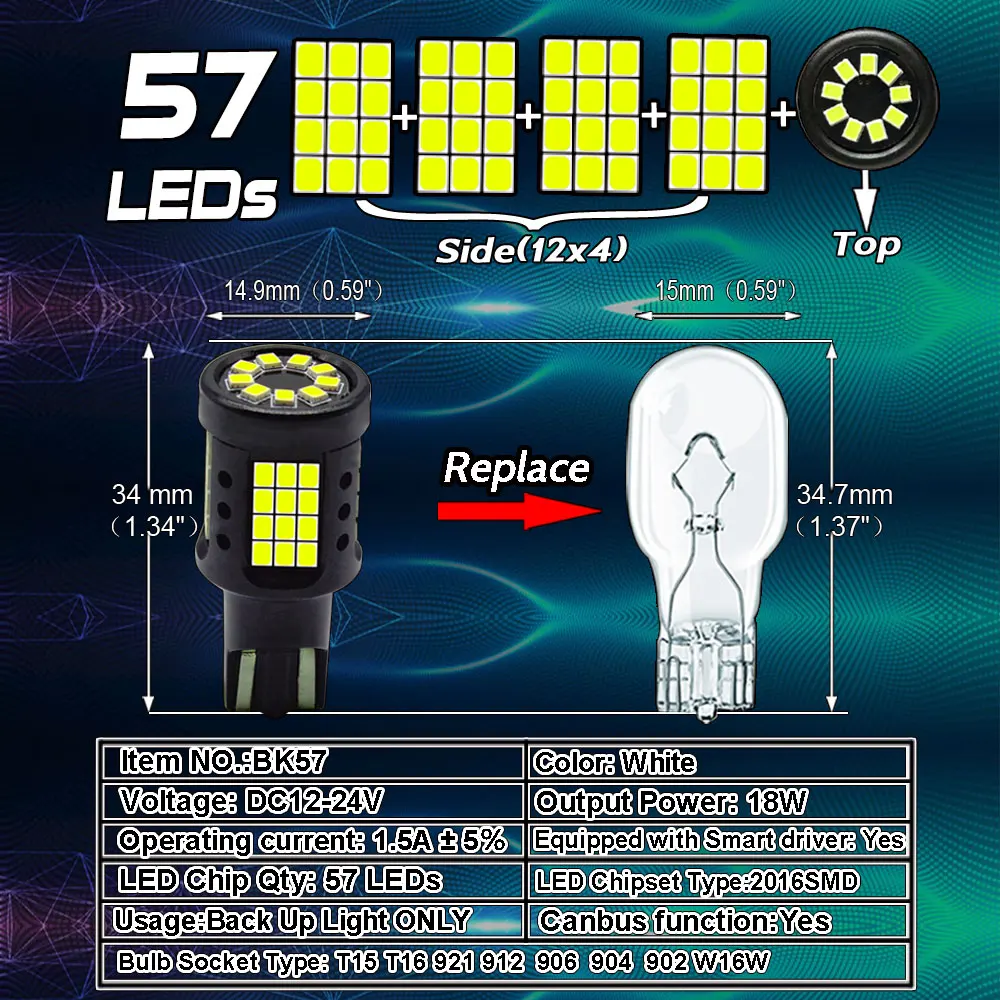 AGLINT Lot De 2 Ampoules LED T15 W16W 921 CANBUS Sans Erreur - 42SMD 6500K Blanc Super Lumineux 12V-24V Feux De Recul / Jour