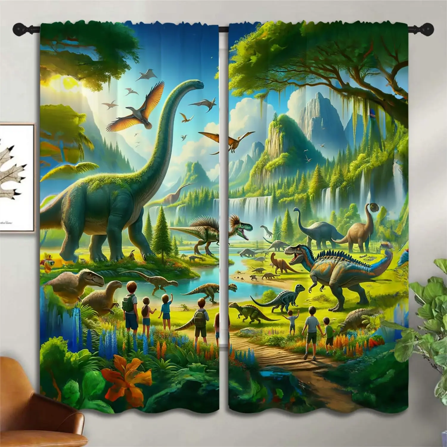 3D Dinosaur Boy Girls Blackout Curtains,Cute Child Green Primeval Forest Dino Group, 2 Panel Rod Pocket Thermal Insulated Drapes