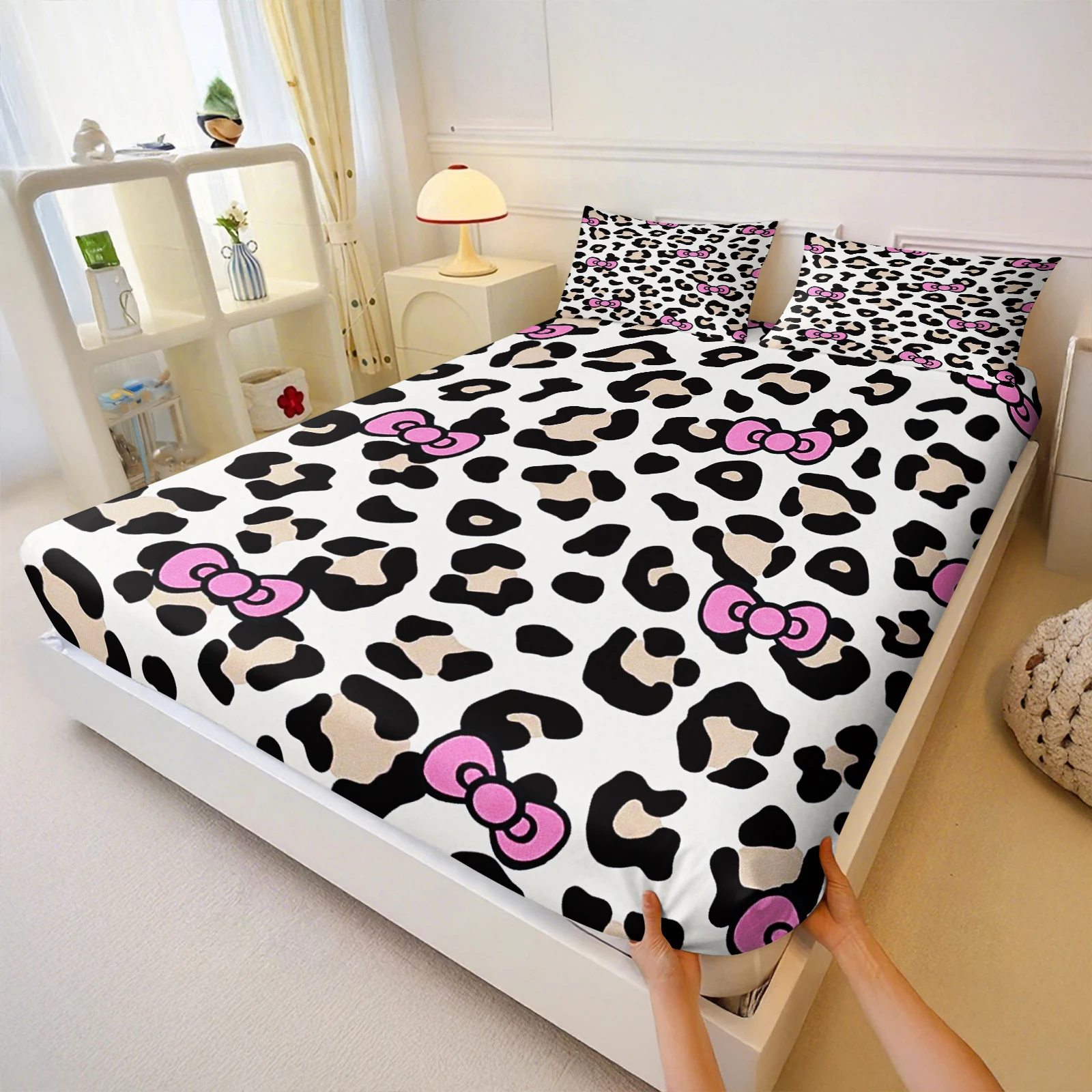 Y2K Cute Leopard Bow Fitted Sheet Bundle, Eye‑Catching Pink Bows Over Classic Leopard Print Aesthetic Cozy Bed Decor for Bedroom