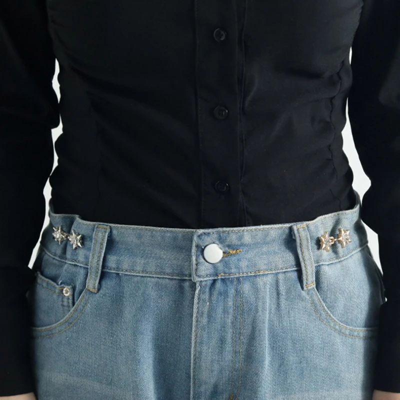 Cristal estrela calças botão apertador fechos ajustável jean ajuste apertar fivelas prata cintura fivela