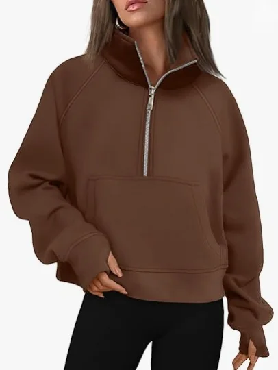 Damen Neue Half-Zip Kurze Reine Farbe Fleece Hoodie Stehkragen Jacke Lässig Bequeme Streetwear