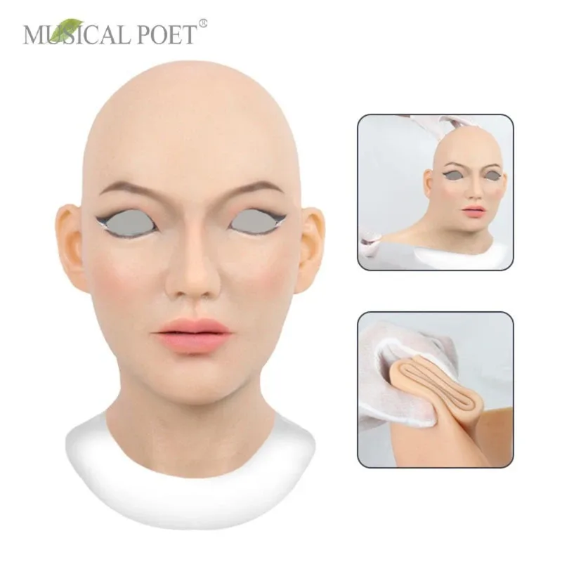 

New Adult Full Head Mask Bald Female Shape of Silicone Headwear Halloween Cosplay Accessories Head Cover Fake Girl Masks