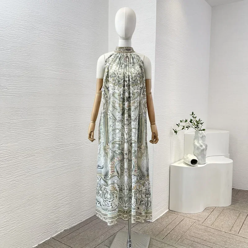 Silk 2024 Palace Style Floral Printing Summer Turtleneck Lace-up Sleeveless Diamonds Women Midi Dress for Holiday