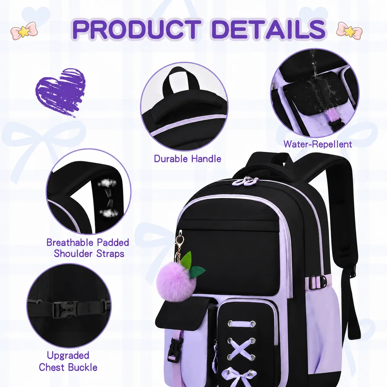 Insulated Lunch Bag Color Block School Backpack Set Teen Girls Backpack Lightweight Nylon School Backpack For Outdoor Activities